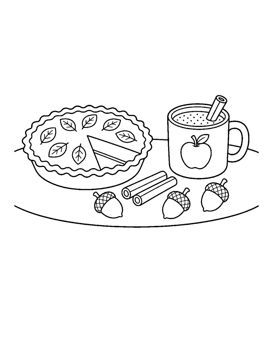 Thanksgiving pie with a mug of apple cider, cinnamon and acorns, large print coloring page