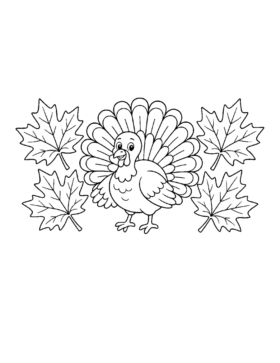 Cartoon turkey with fanned tail feathers among maple leaves, Thanksgiving coloring page