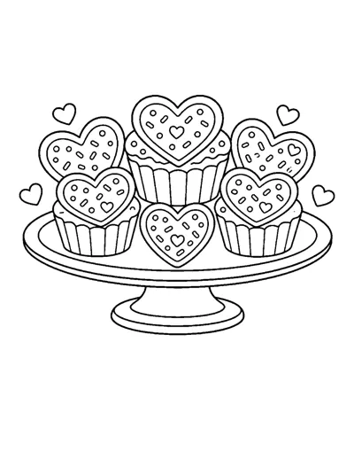 Valentine Heart Cupcakes Coloring Page: free printable line art