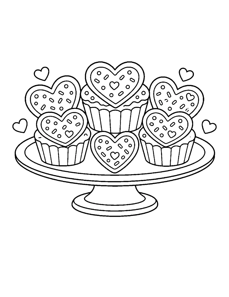 Cupcakes with heart toppers on a cake stand, Valentine's Day coloring page