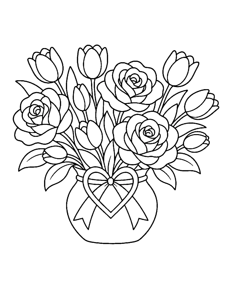 Bouquet of roses and tulips in a heart vase, Valentine's Day coloring page