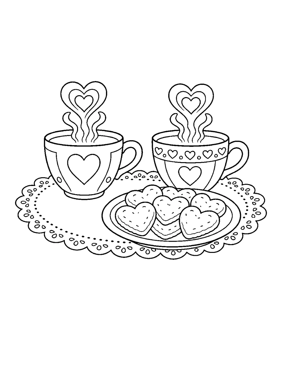 Two teacups with heart steam and heart cookies, cozy Valentine coloring page
