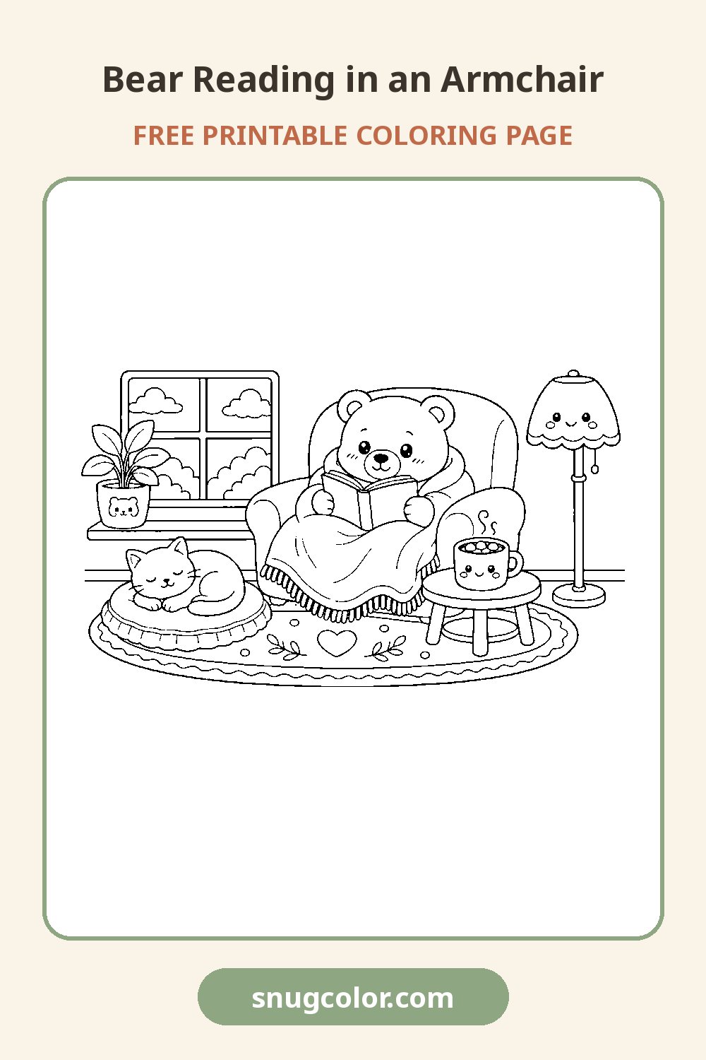 Bear Reading in an Armchair Coloring Page Pinterest pin