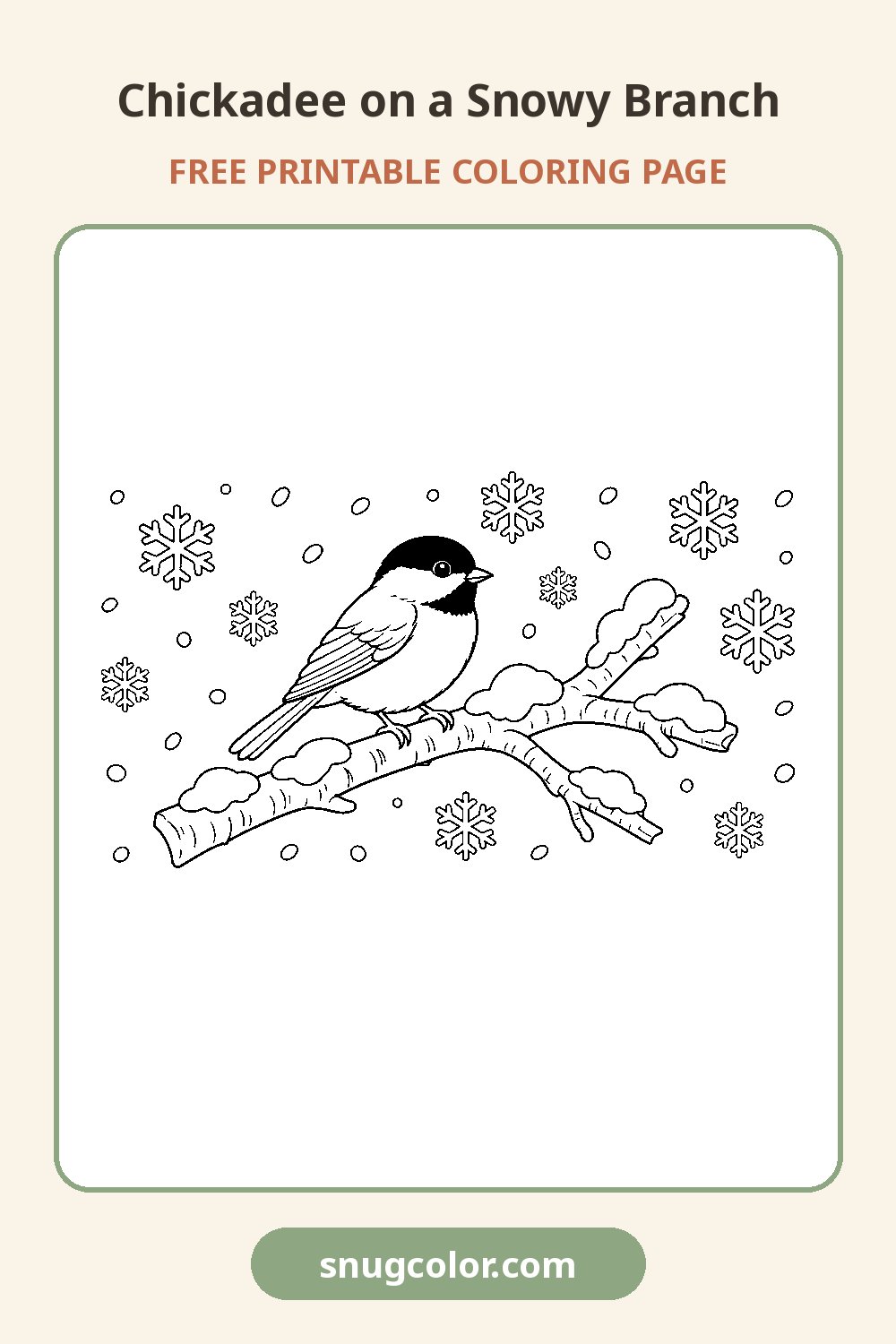 Chickadee on a Snowy Branch Coloring Page Pinterest pin