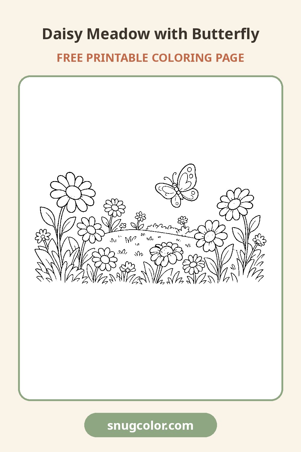 Daisy Meadow with Butterfly Coloring Page Pinterest pin