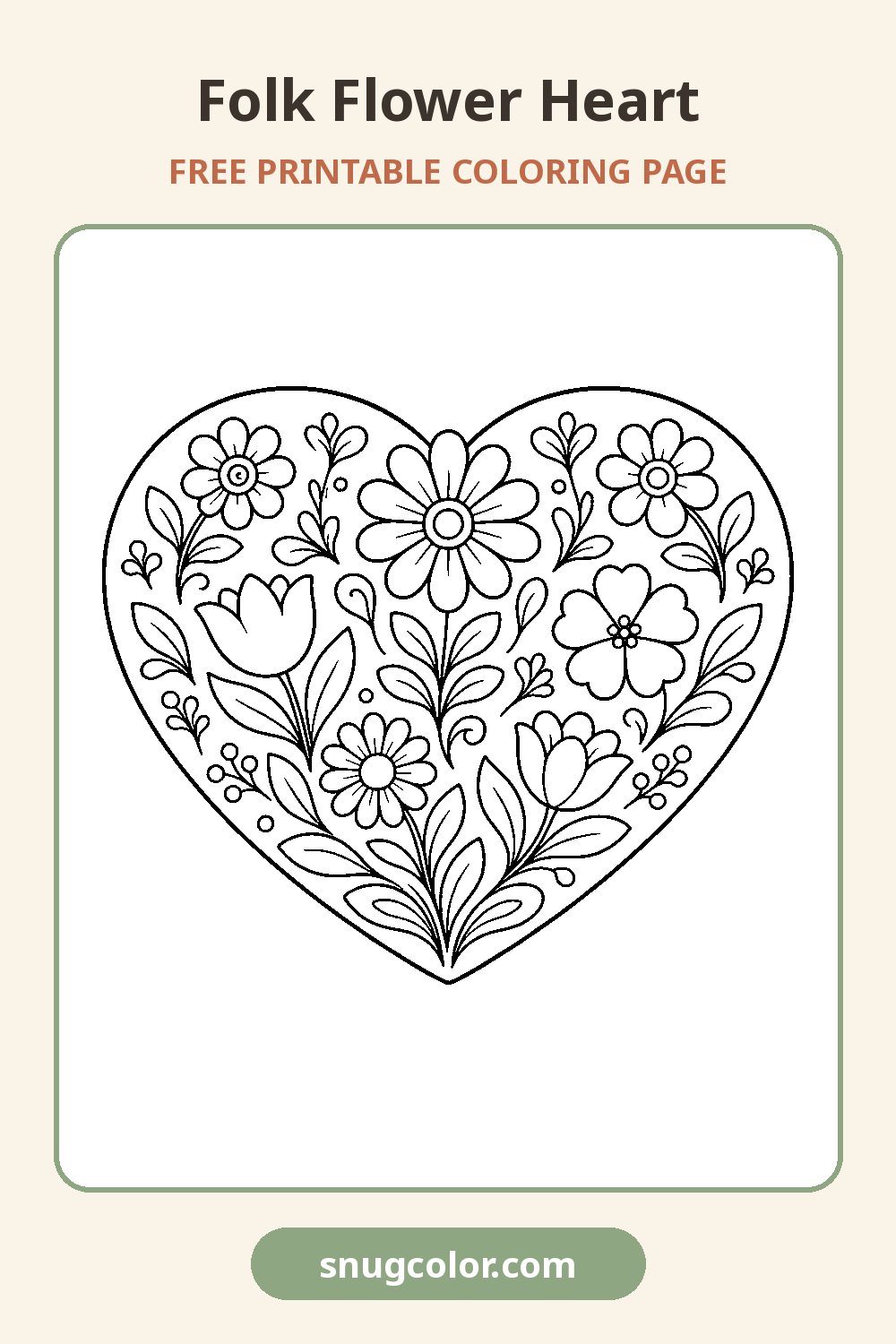 Folk Flower Heart Coloring Page Pinterest pin