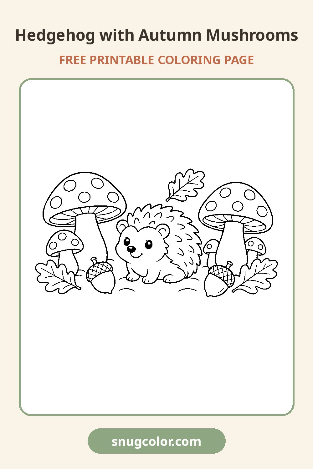 Hedgehog with Autumn Mushrooms Coloring Page Pinterest pin