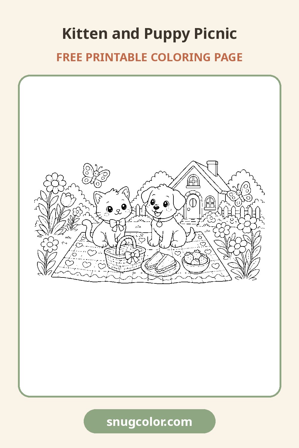 Kitten and Puppy Picnic Coloring Page Pinterest pin