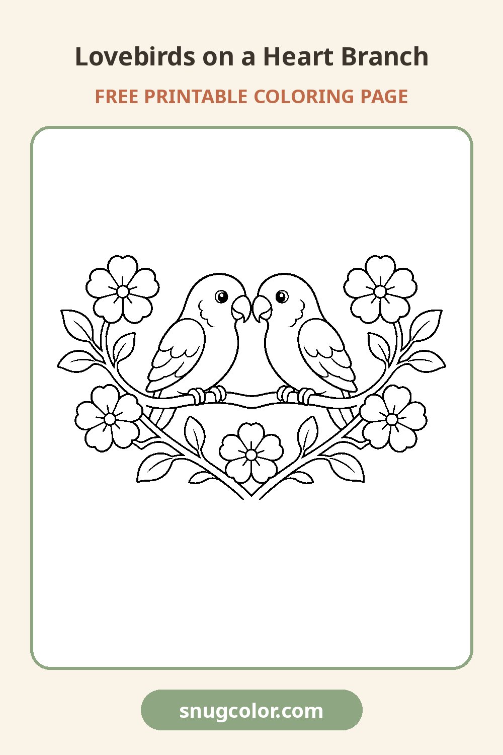 Lovebirds on a Heart Branch Coloring Page Pinterest pin