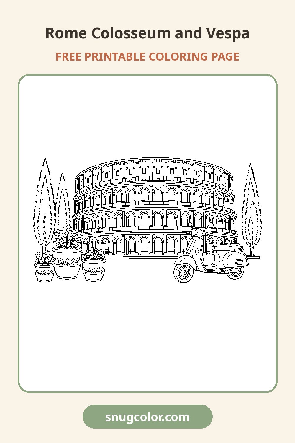 Rome Colosseum and Vespa Coloring Page Pinterest pin