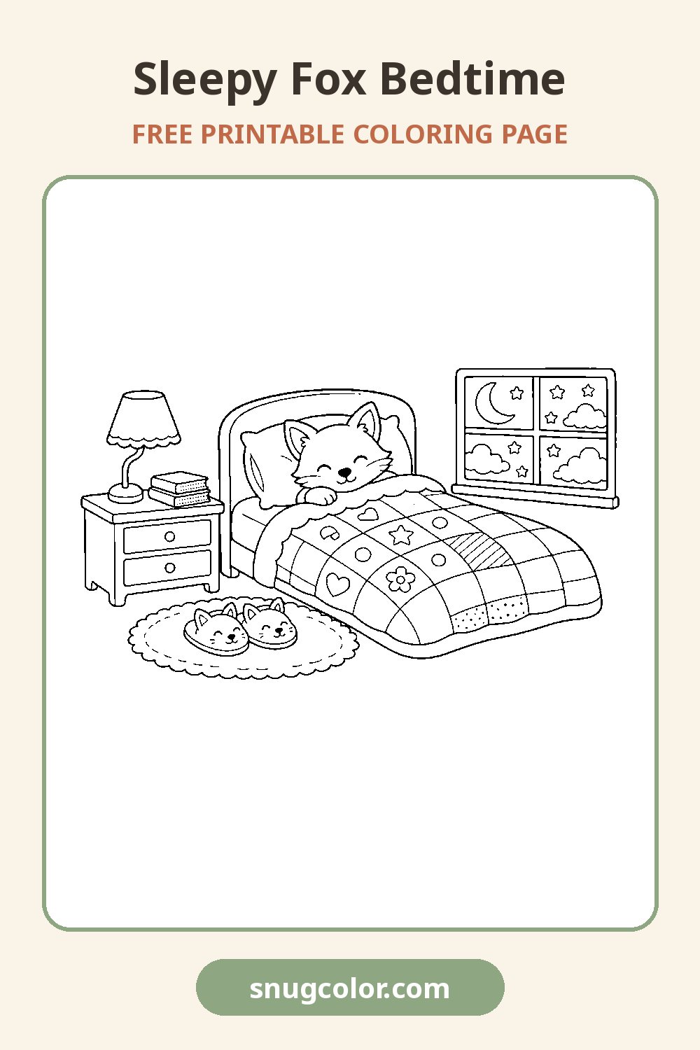 Sleepy Fox Bedtime Coloring Page Pinterest pin