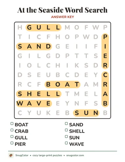 Answer key for At the Seaside Word Search