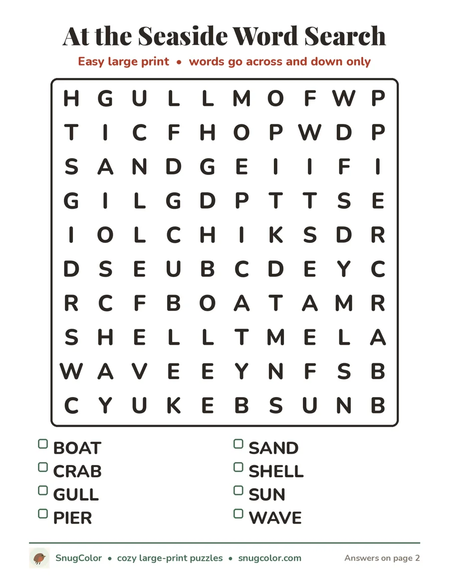 At the Seaside Word Search, large print printable puzzle