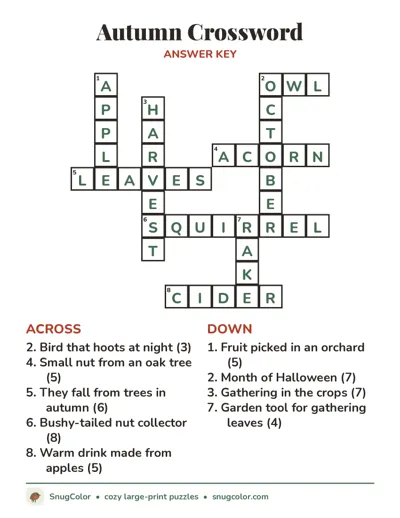 Answer key for Autumn Crossword