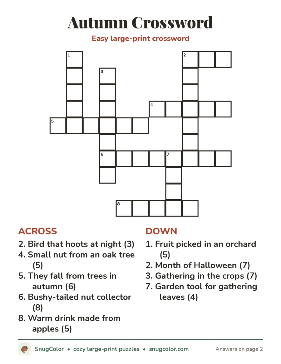 Autumn Crossword, large print printable puzzle