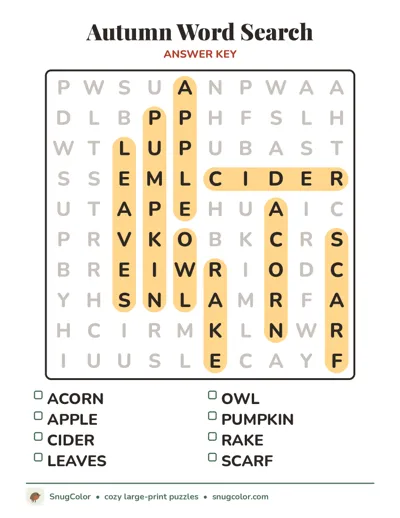 Answer key for Autumn Word Search