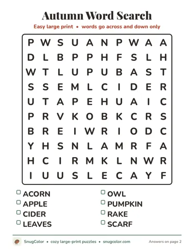 Autumn Word Search: free large print printable