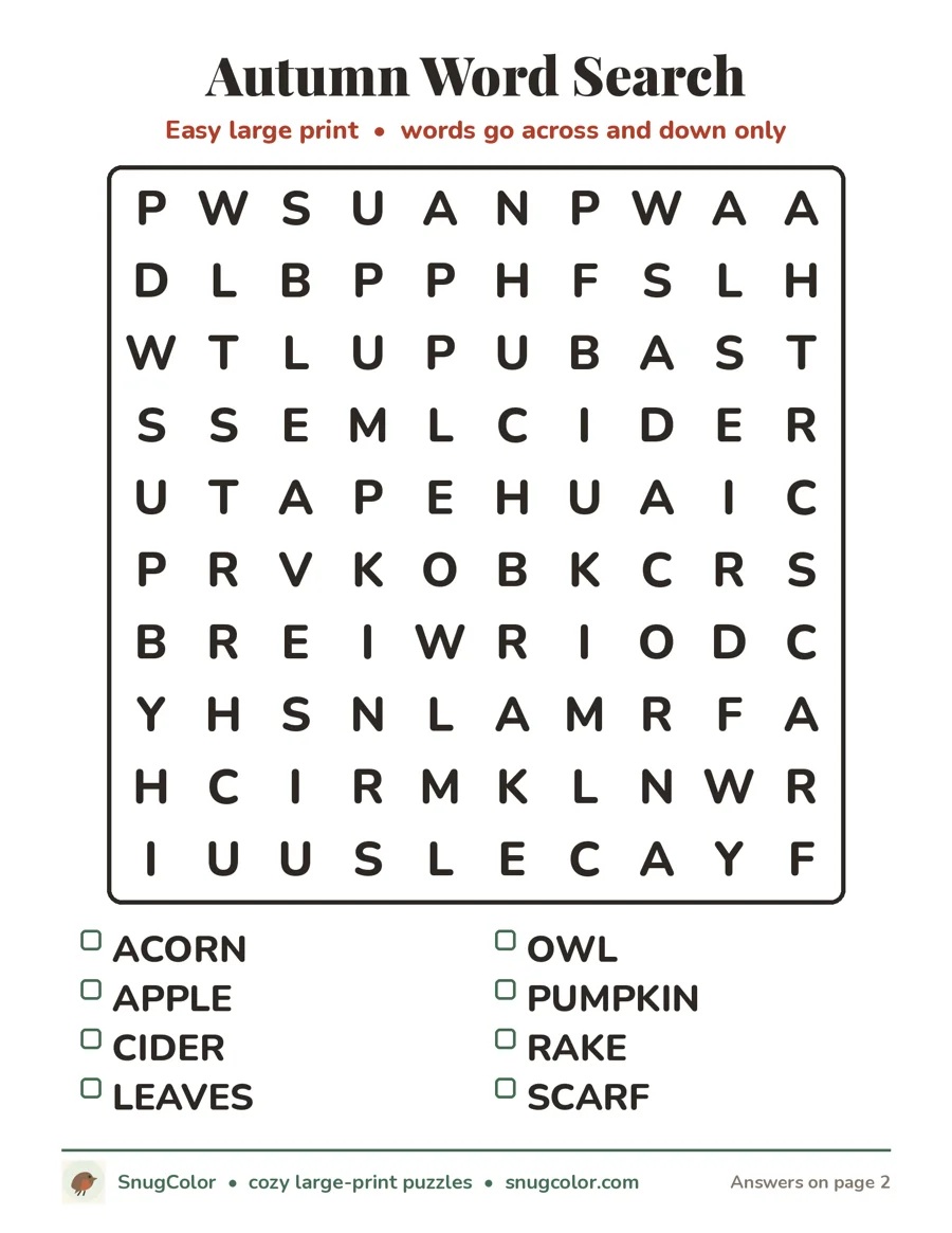 Autumn Word Search, large print printable puzzle