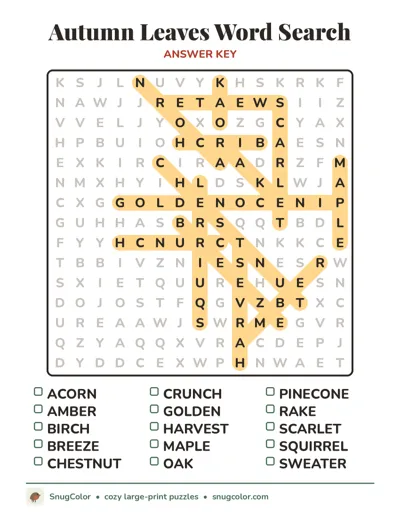 Answer key for Autumn Leaves Word Search