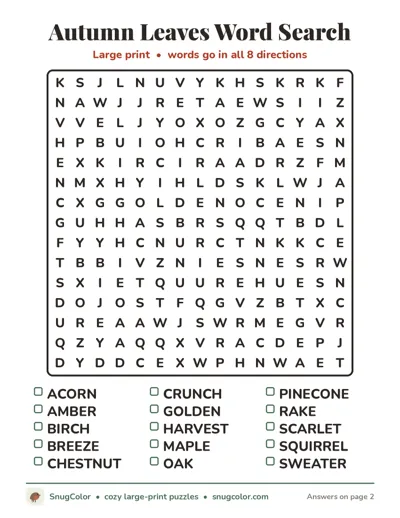 Autumn Leaves Word Search: free large print printable