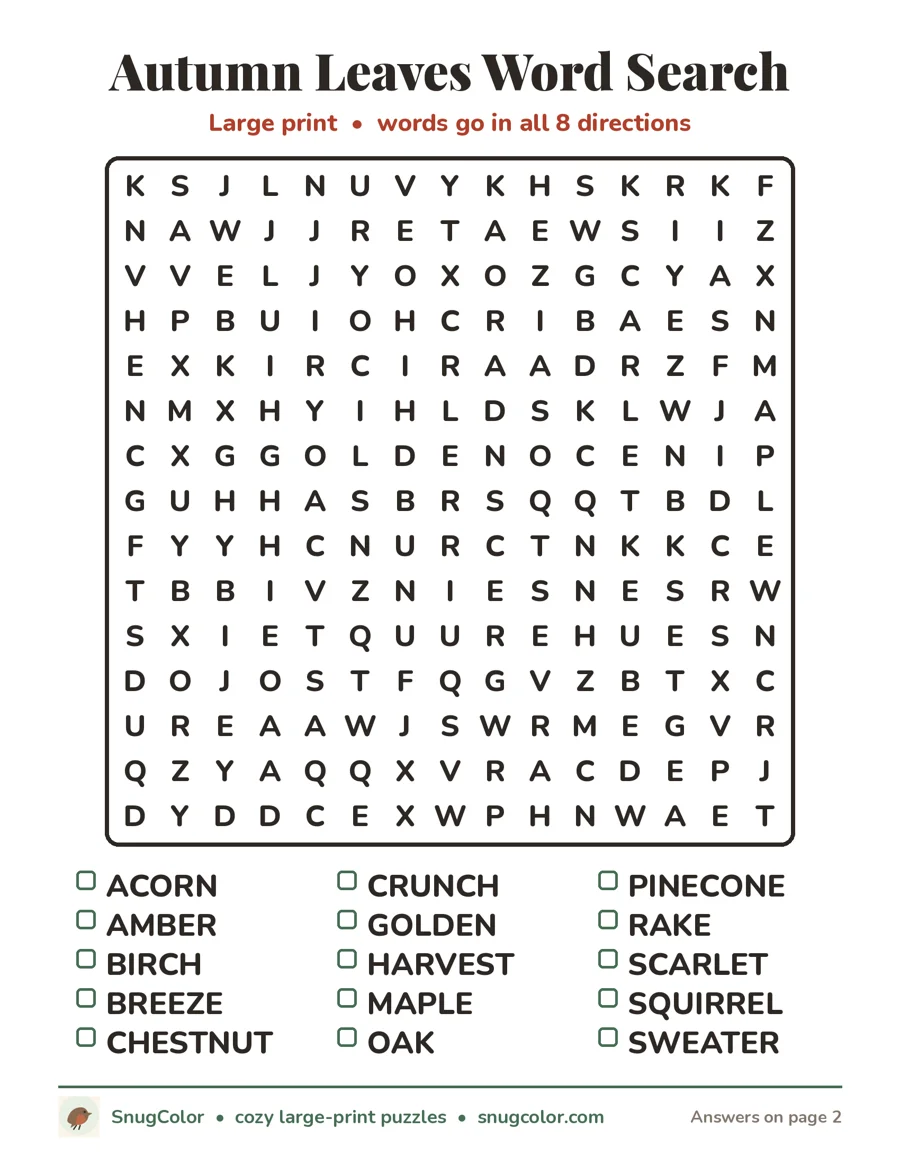 Autumn Leaves Word Search, large print printable puzzle