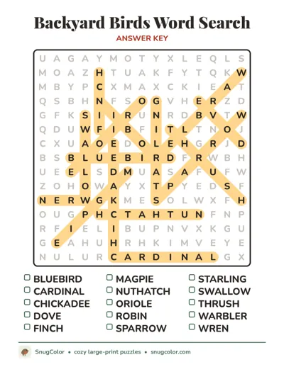 Answer key for Backyard Birds Word Search