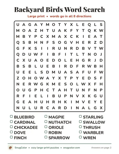 Backyard Birds Word Search: free large print printable