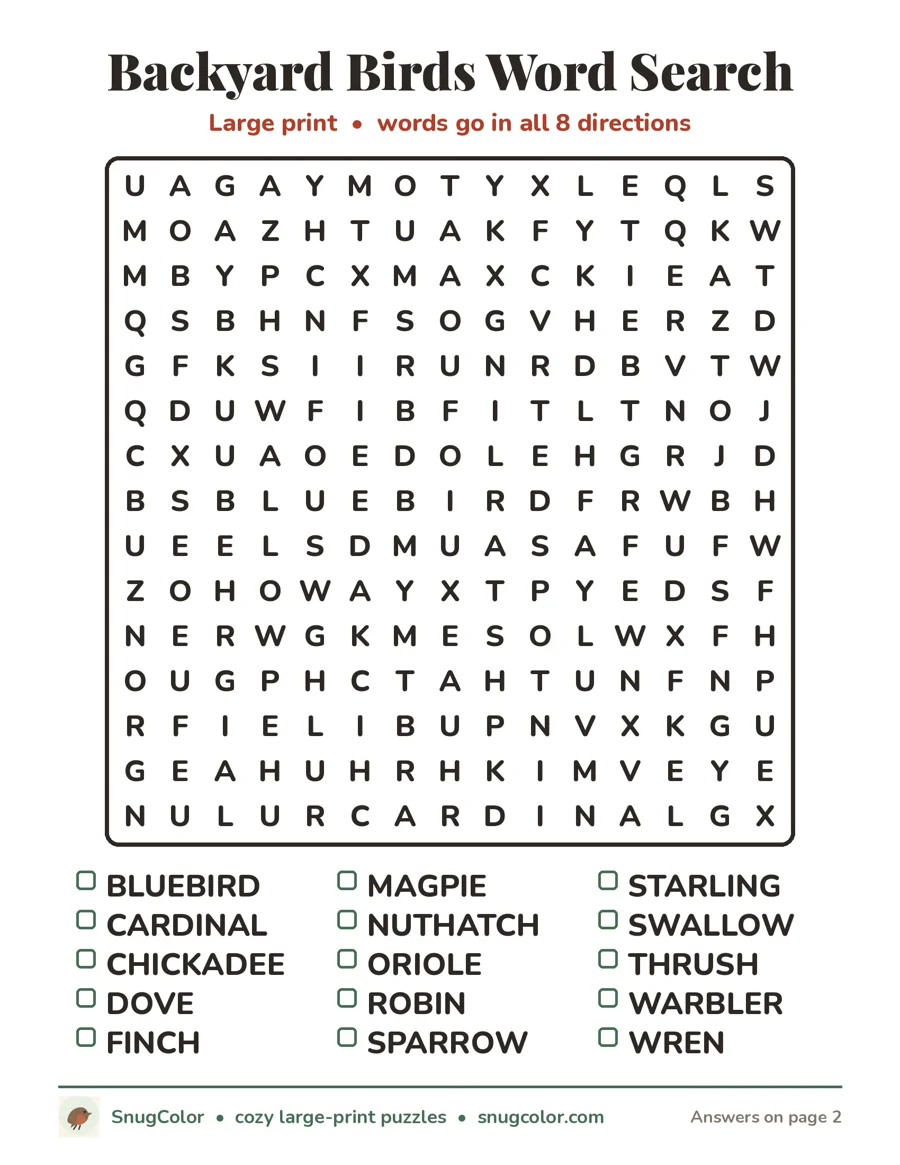 Backyard Birds Word Search, large print printable puzzle
