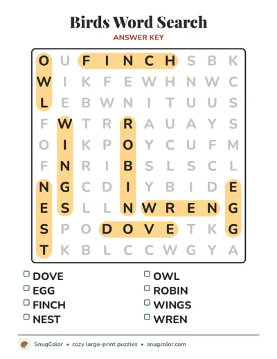 Answer key for Birds Word Search