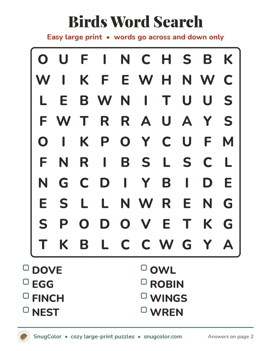 Birds Word Search, large print printable puzzle