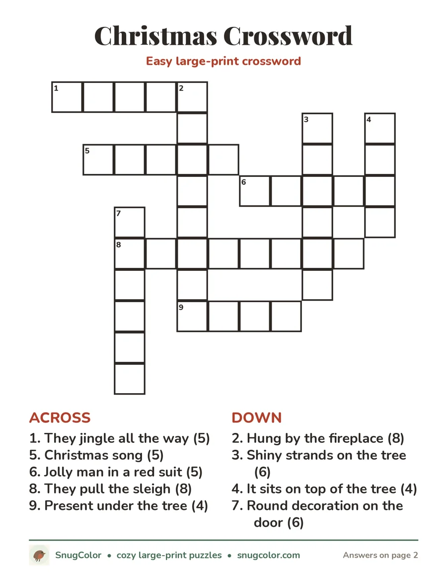 Christmas Crossword, large print printable puzzle