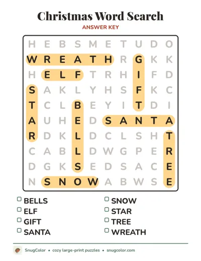 Answer key for Christmas Word Search