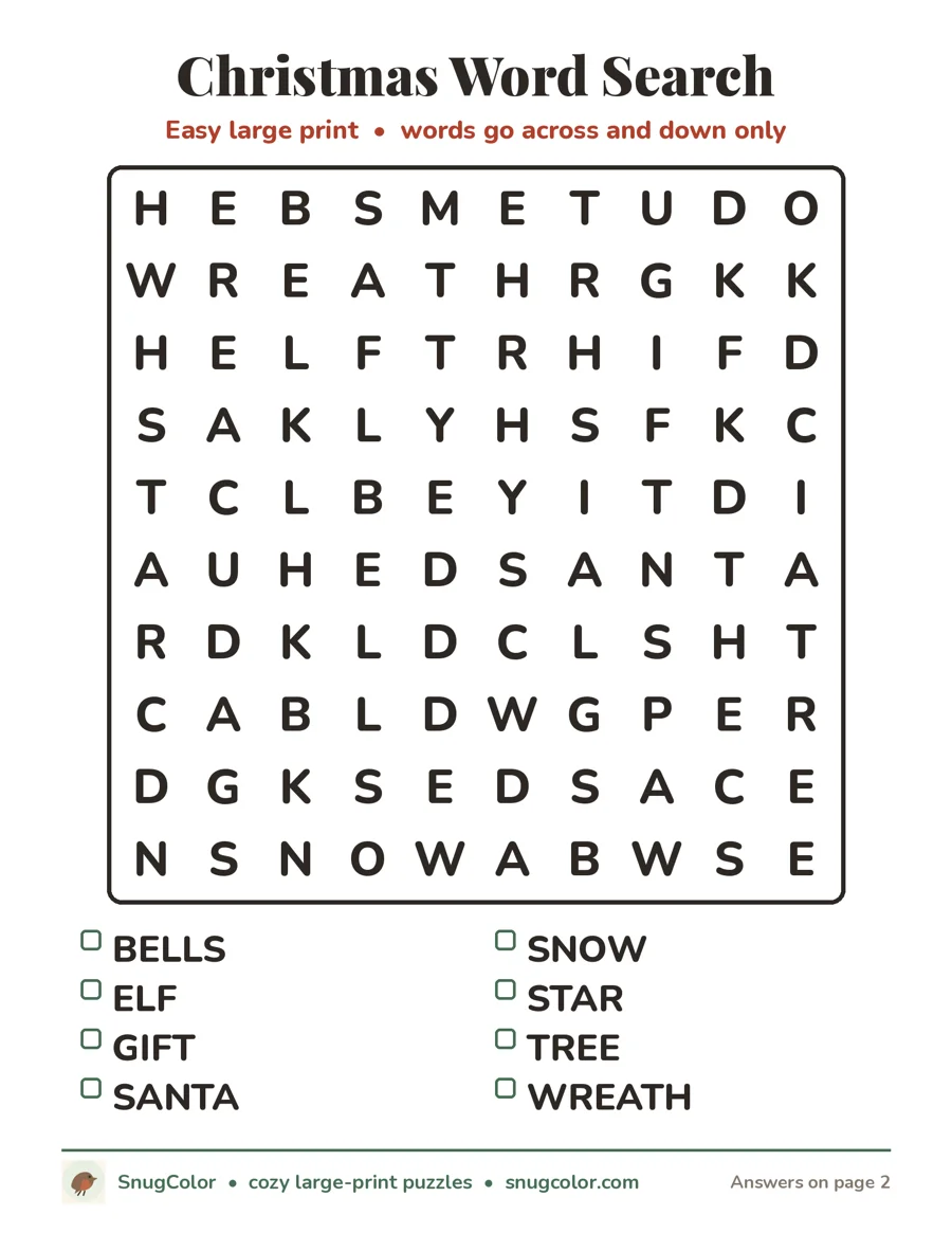 Christmas Word Search, large print printable puzzle
