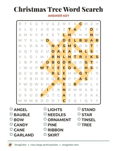Answer key for Christmas Tree Word Search