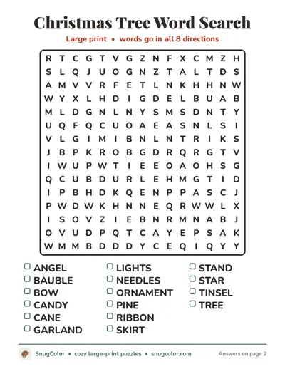 Christmas Tree Word Search: free large print printable