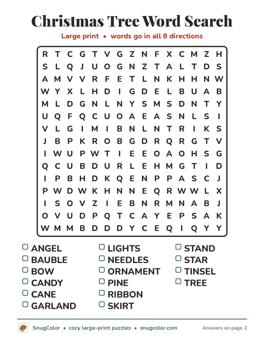 Christmas Tree Word Search, large print printable puzzle