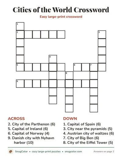 Cities of the World Crossword: free large print printable