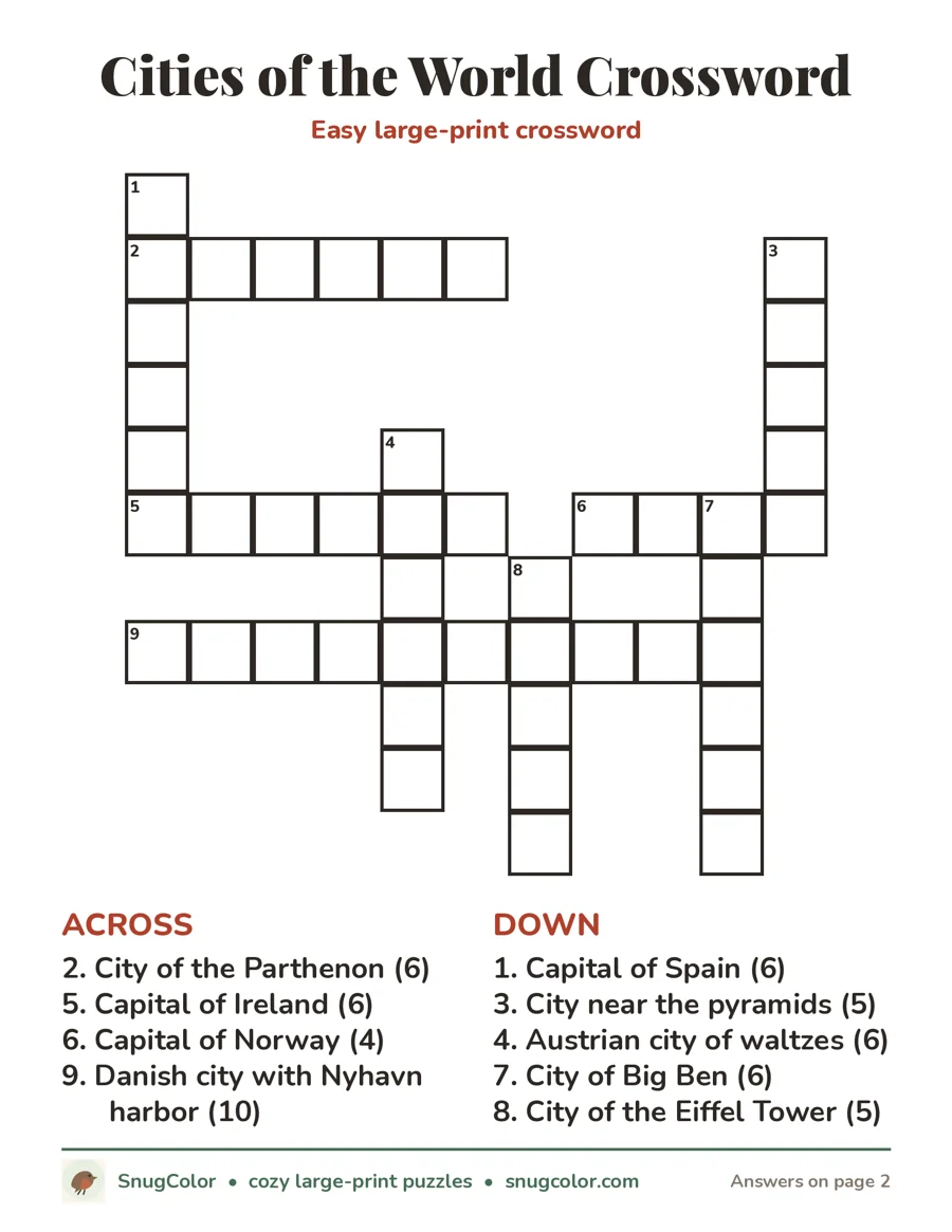 Cities of the World Crossword, large print printable puzzle