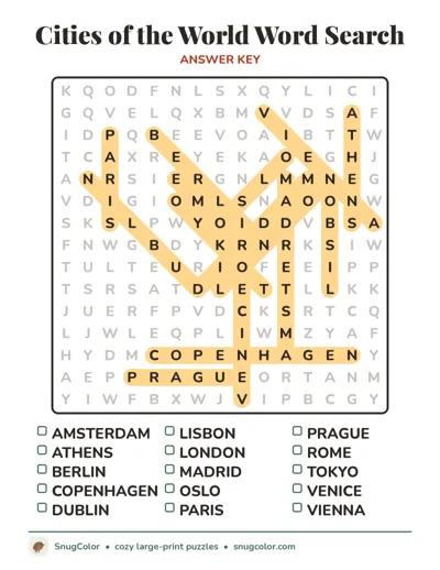 Answer key for Cities of the World Word Search