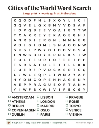 Cities of the World Word Search: free large print printable