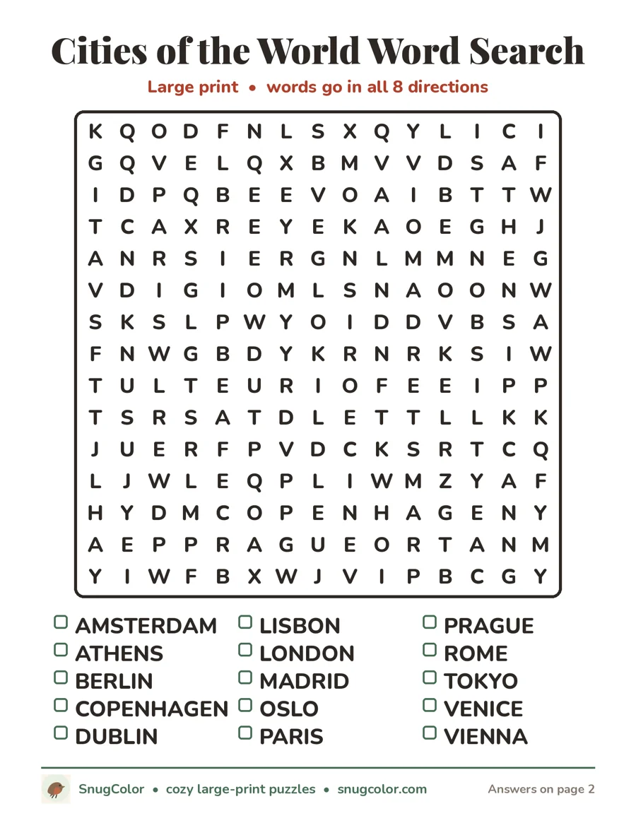 Cities of the World Word Search, large print printable puzzle