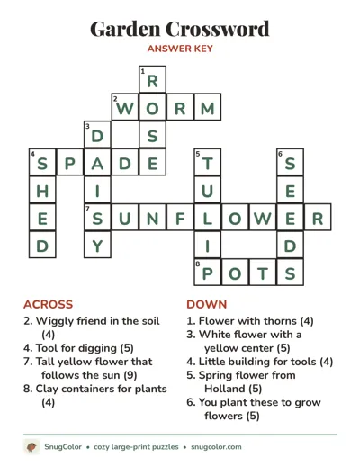Answer key for Garden Crossword