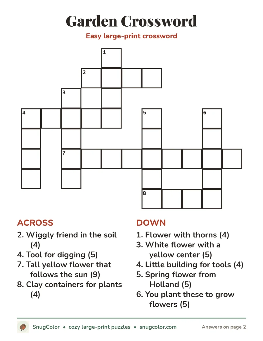 Garden Crossword, large print printable puzzle