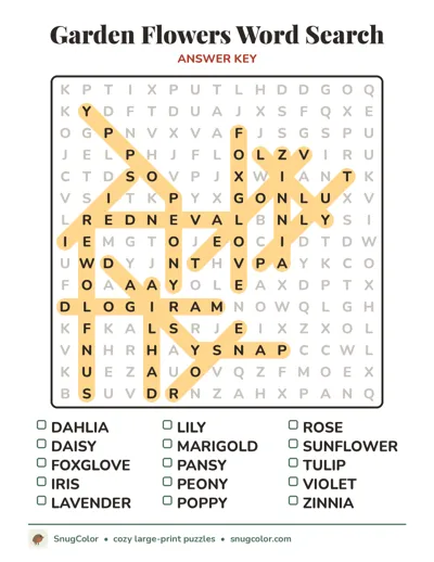 Answer key for Garden Flowers Word Search