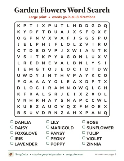 Garden Flowers Word Search: free large print printable