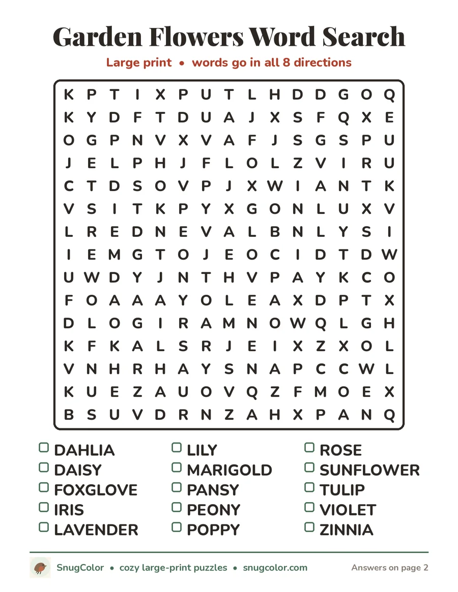 Garden Flowers Word Search, large print printable puzzle