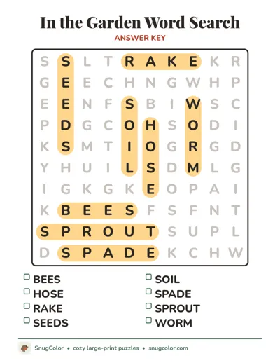 Answer key for In the Garden Word Search