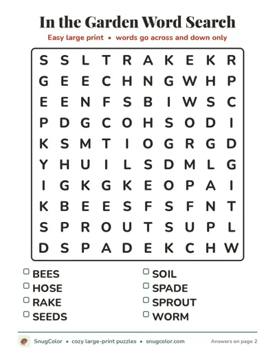 In the Garden Word Search: free large print printable