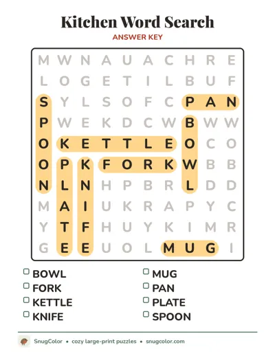 Answer key for Kitchen Word Search