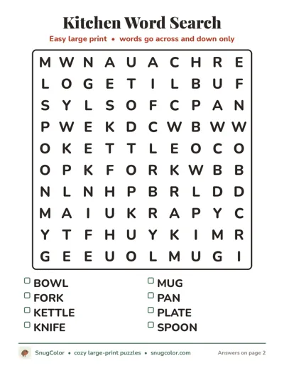 Kitchen Word Search: free large print printable